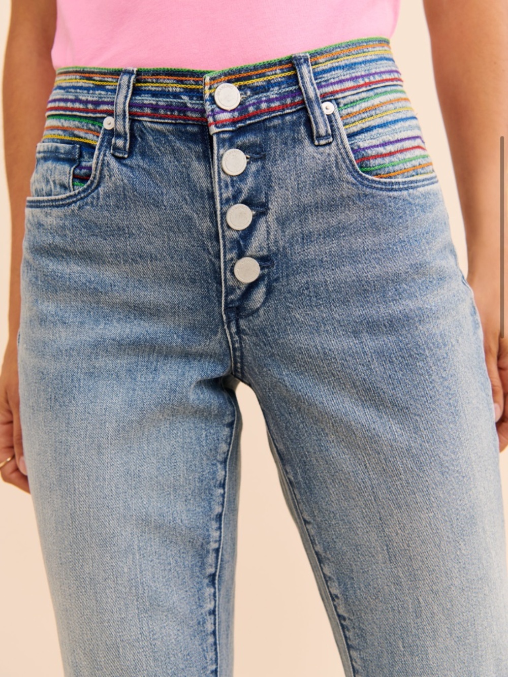 BLANKNYC The Varick Kick Flare Rainbow Embroidered Jeans 24 Raw Hem Light Wash